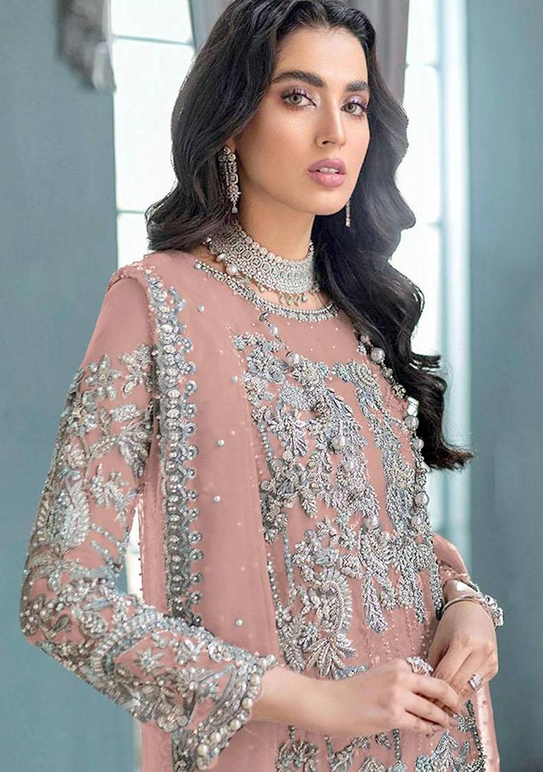 peach Embroidered Organza Kurta Set - Indya