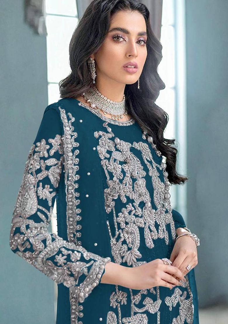 Aqua Embroidered Organza Kurta Set - Indya
