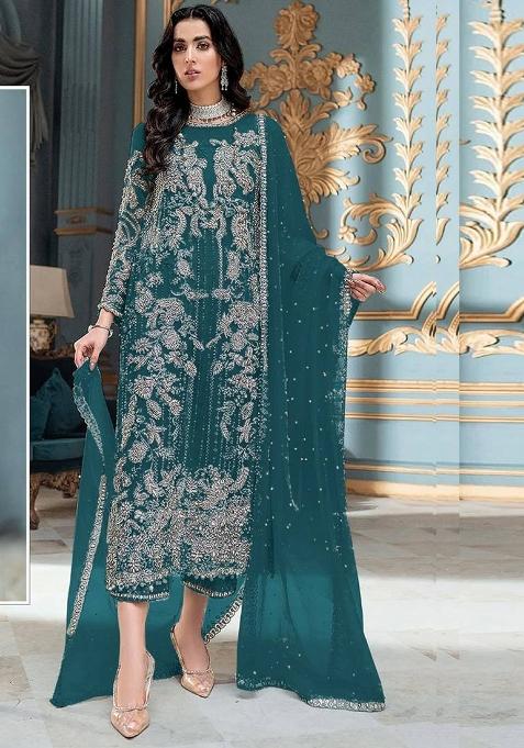 teal Embroidered Organza Kurta Set