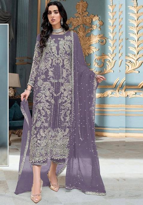 Lavender Embroidered Organza Kurta Set