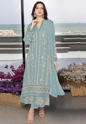 Sky Blue Embroidered Georgette Kurta Set