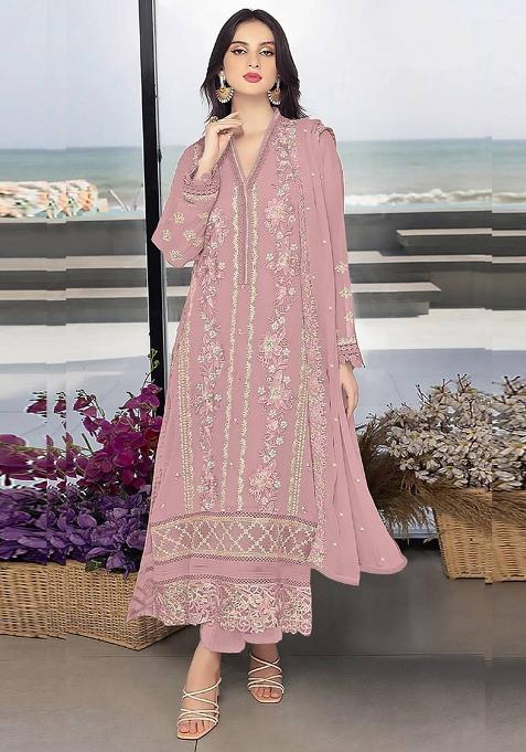 light pink Embroidered Georgette Kurta Set