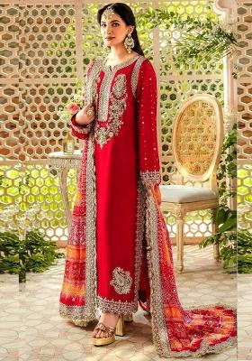 red Embroidered Georgette Kurta Set