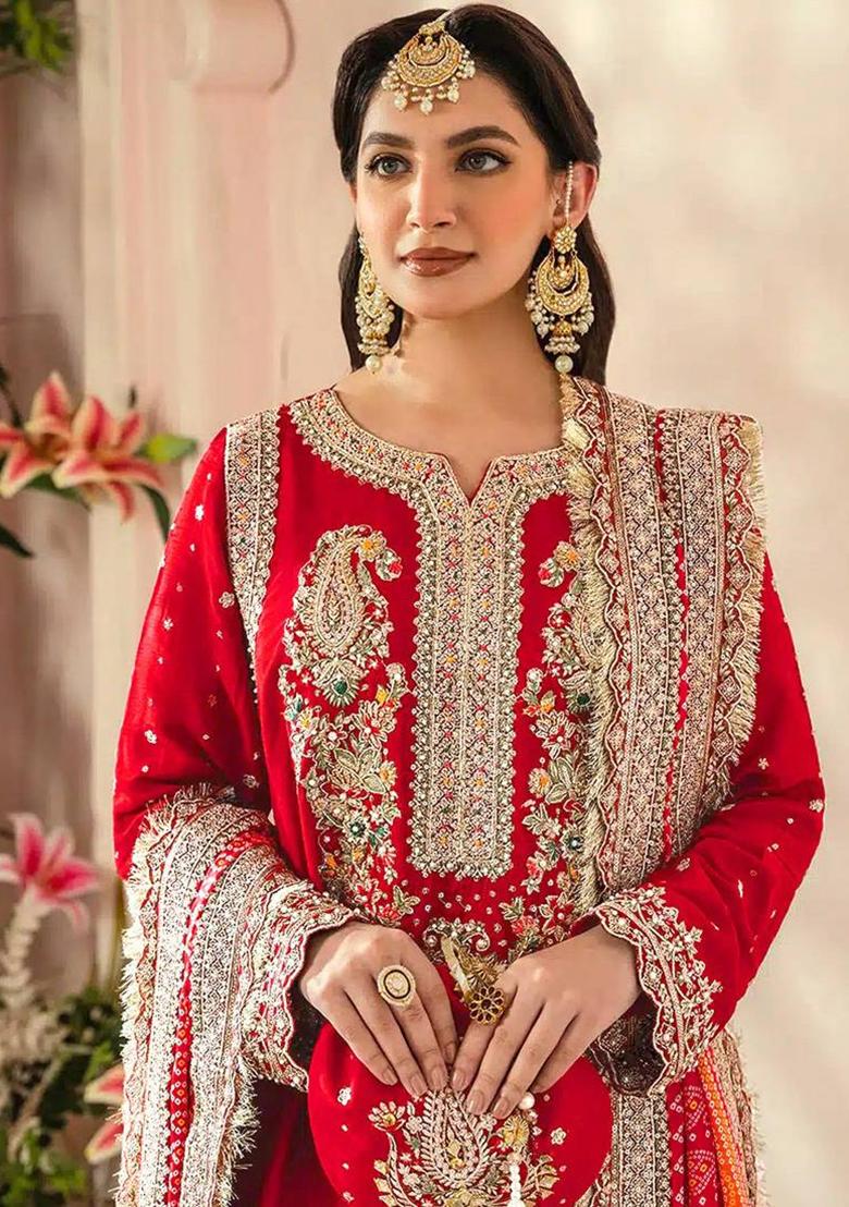 red Embroidered Georgette Kurta Set - Indya