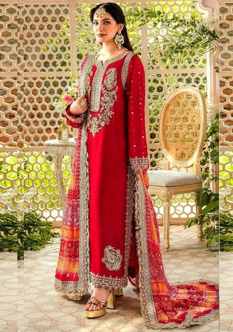 red Embroidered Georgette Kurta Set