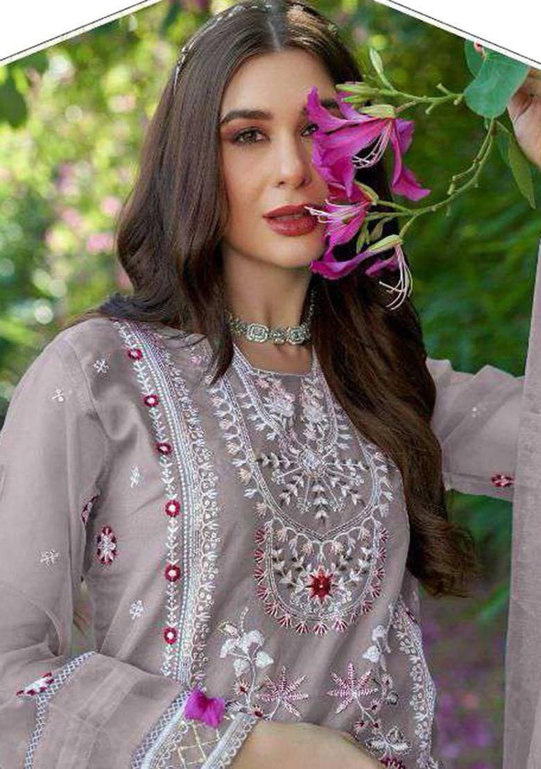 onion pink Embroidered Organza Kurta Set - Indya