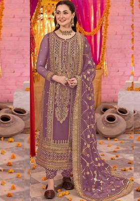 onion pink Embroidered Georgette Kurta Set