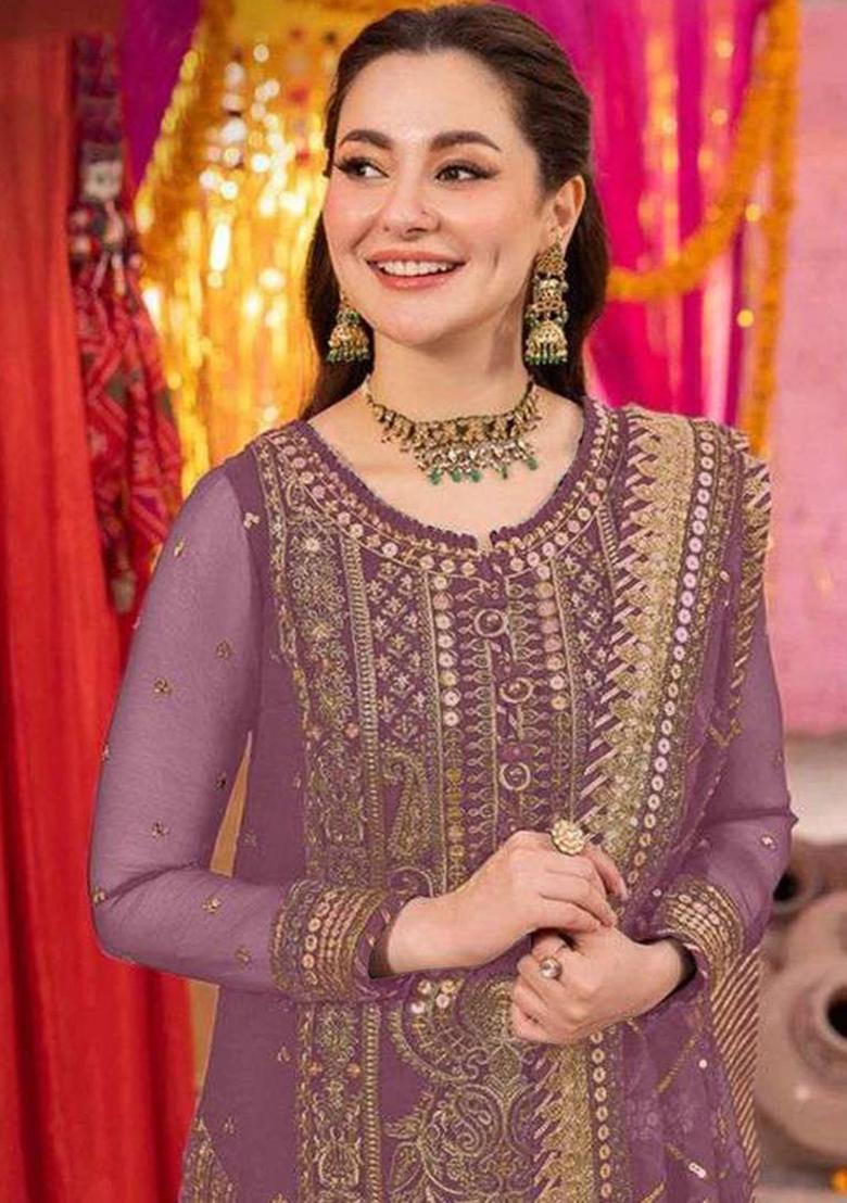 onion pink Embroidered Georgette Kurta Set - Indya