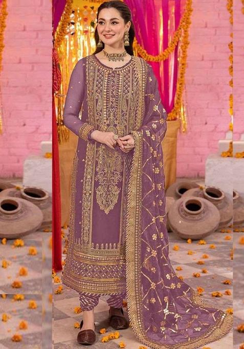 onion pink Embroidered Georgette Kurta Set