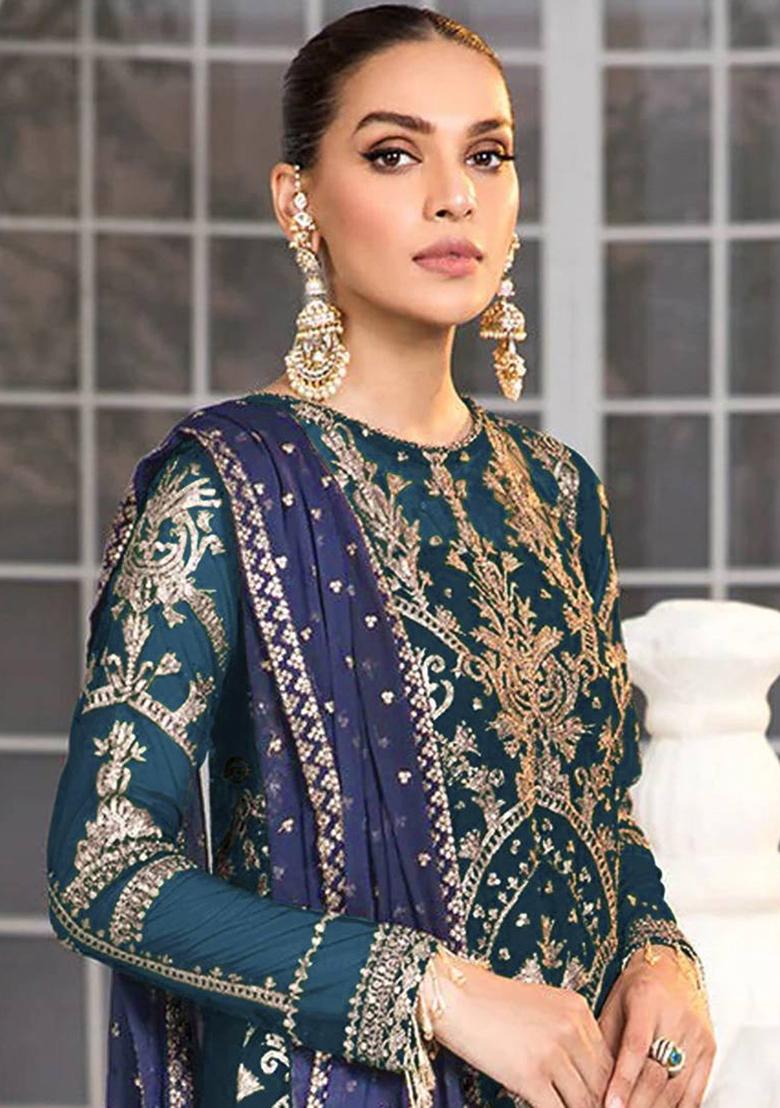 green Embroidered Georgette Kurta Set - Indya