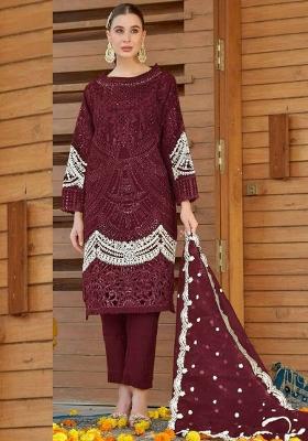 maroon Embroidered Organza Kurta Set