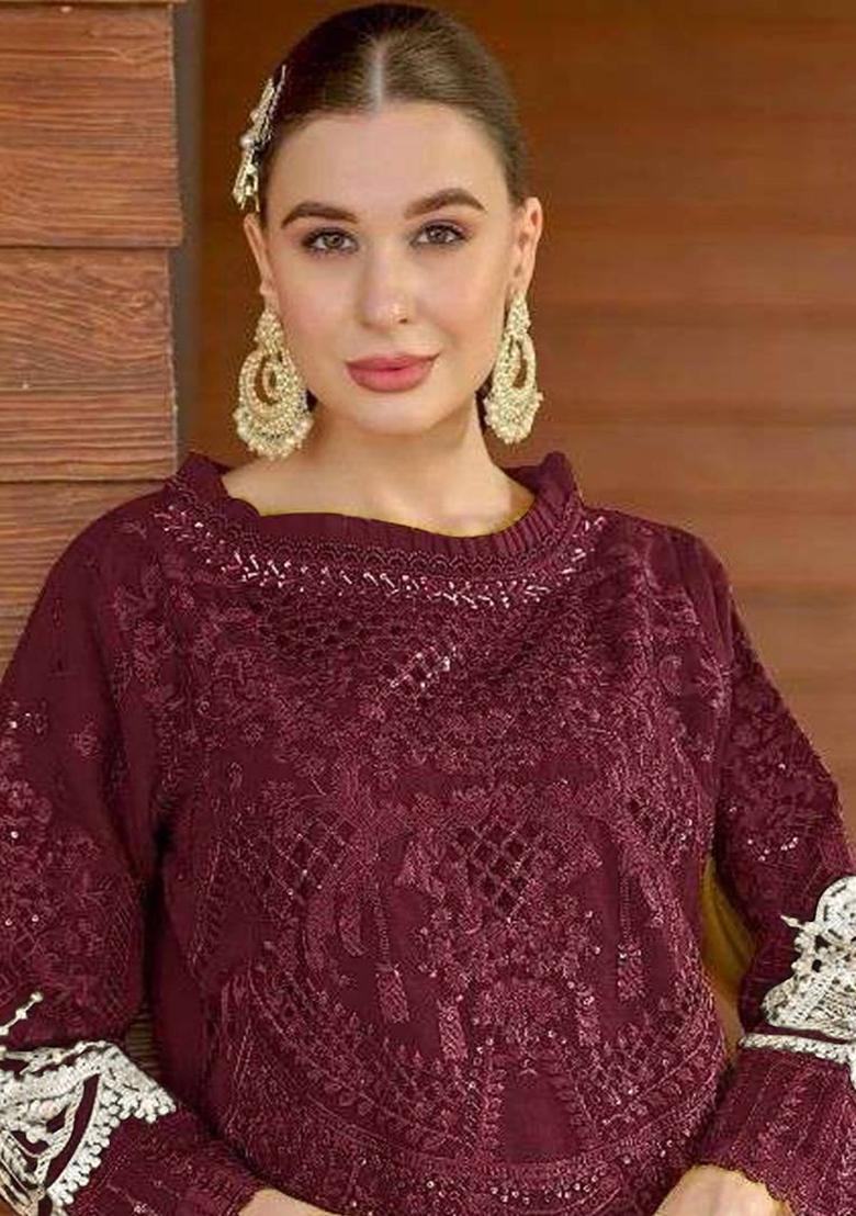 maroon Embroidered Organza Kurta Set - Indya