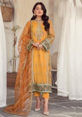 yellow Embroidered Organza Kurta Set