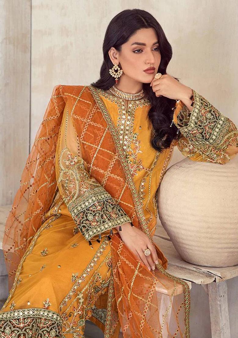 yellow Embroidered Organza Kurta Set - Indya