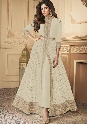 Off White Embroidered Georgette Kurta Set