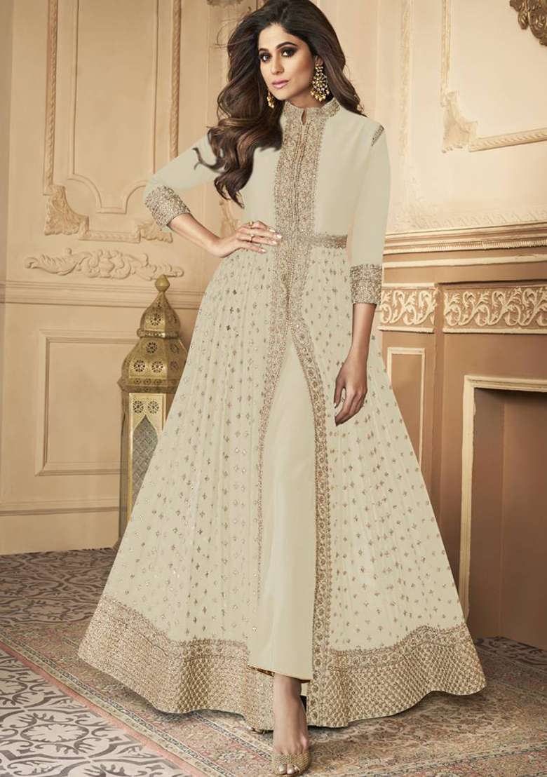 Off White Embroidered Georgette Anarkali Set - Indya
