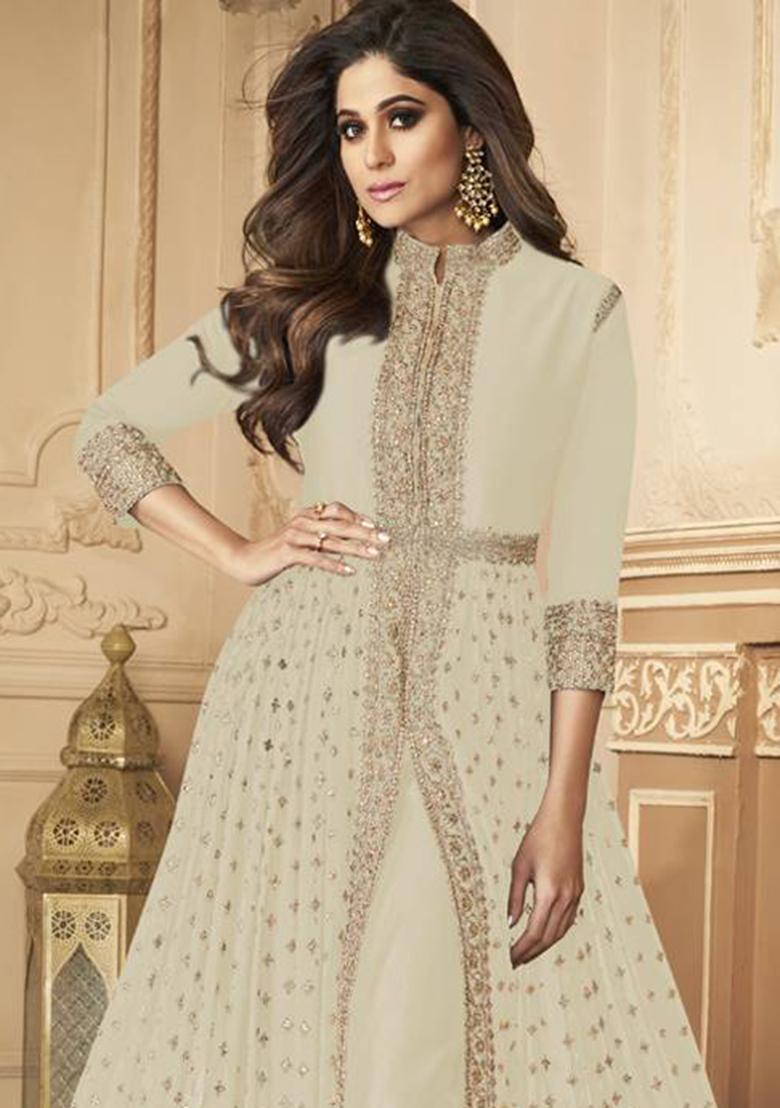 Off White Embroidered Georgette Kurta Set - Indya