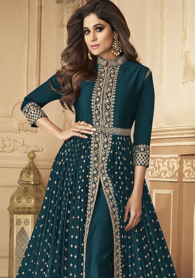 Turquoise Blue Embroidered Georgette Kurta Set - Indya