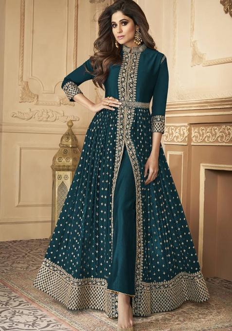 Turquoise Blue Embroidered Georgette Kurta Set