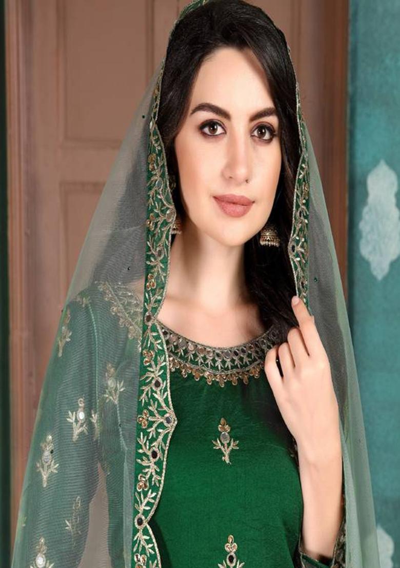 green Embroidered Silk Kurta Set - Indya