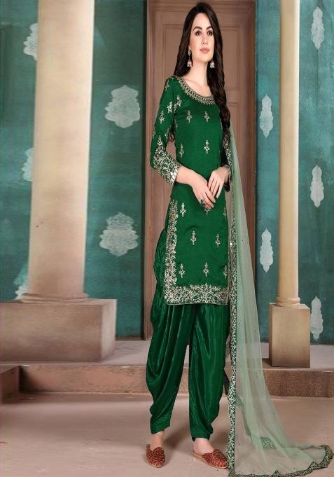 green Embroidered Silk Kurta Set