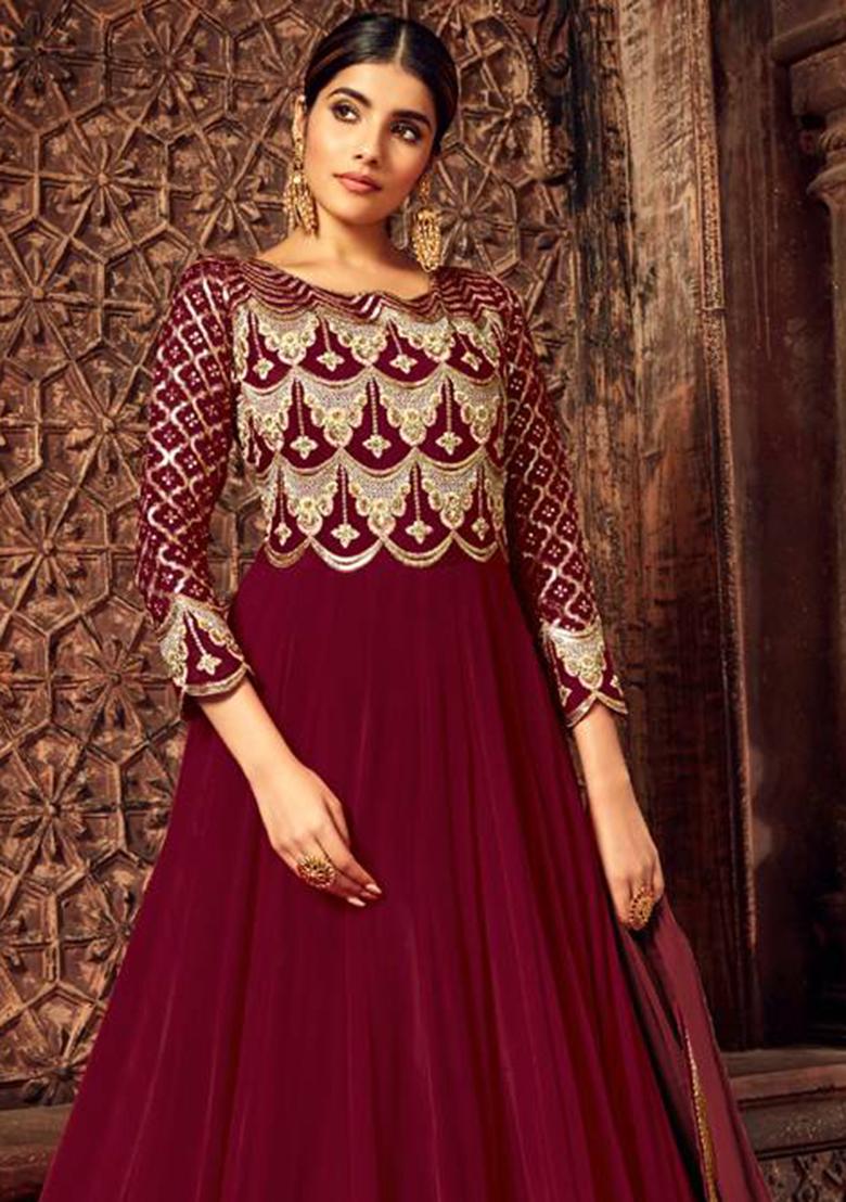 maroon Embroidered Georgette Kurta Set - Indya