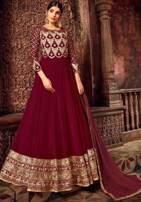 maroon Embroidered Georgette Kurta Set