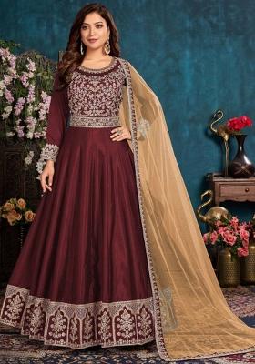 maroon Embroidered Silk Blend Kurta Set