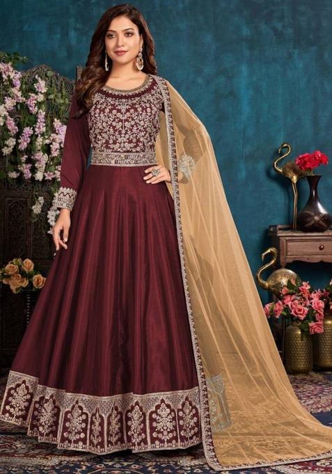 maroon Embroidered Silk Kurta Set
