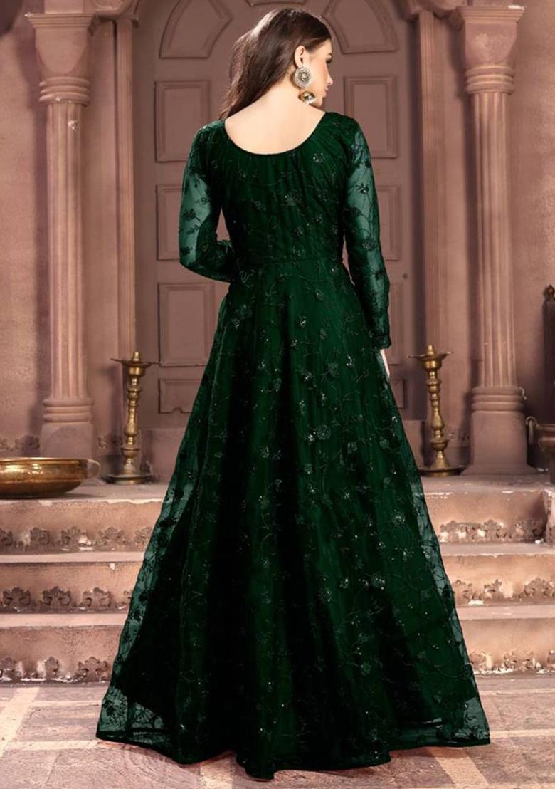 green Embroidered Net Kurta Set - Indya
