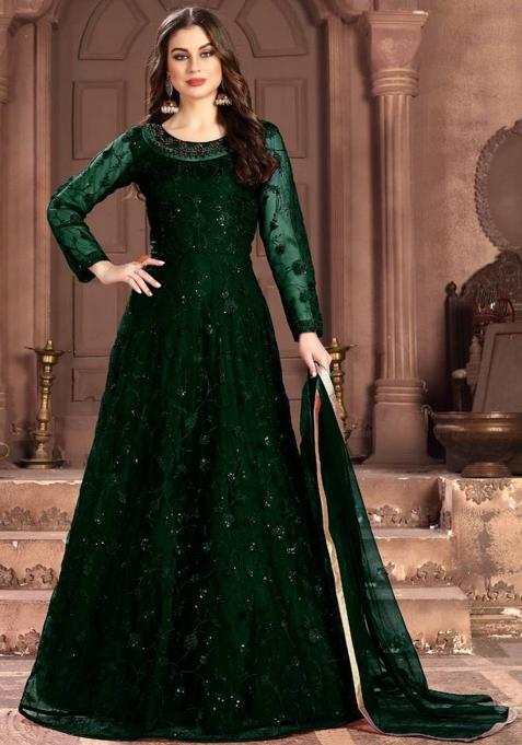 green Embroidered Net Kurta Set