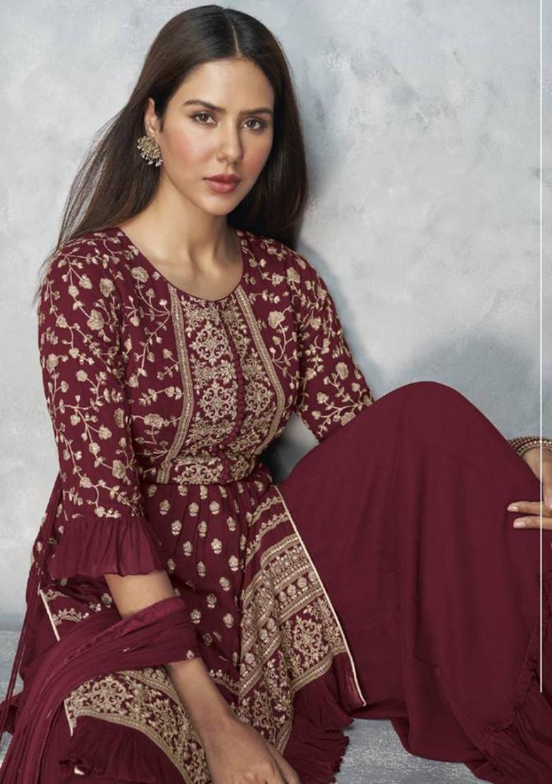 maroon Embroidered Georgette Kurta Set - Indya