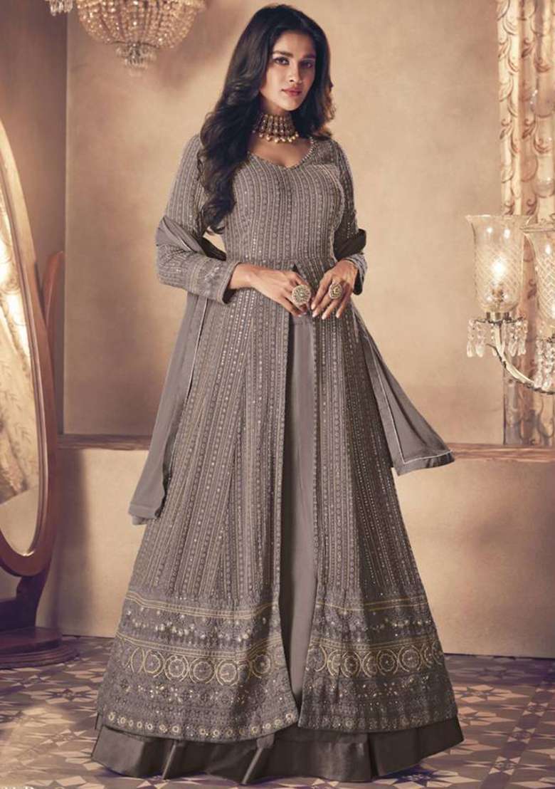 Dark Beige Embroidered Georgette Anarkali Set - Indya