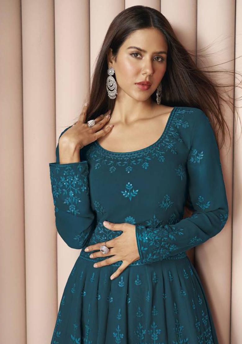 dark teal Embroidered Georgette Kurta Set - Indya
