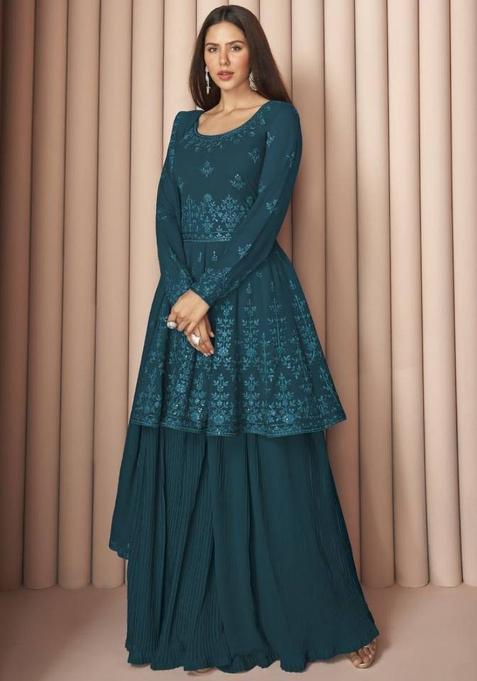 dark teal Embroidered Georgette Kurta Set