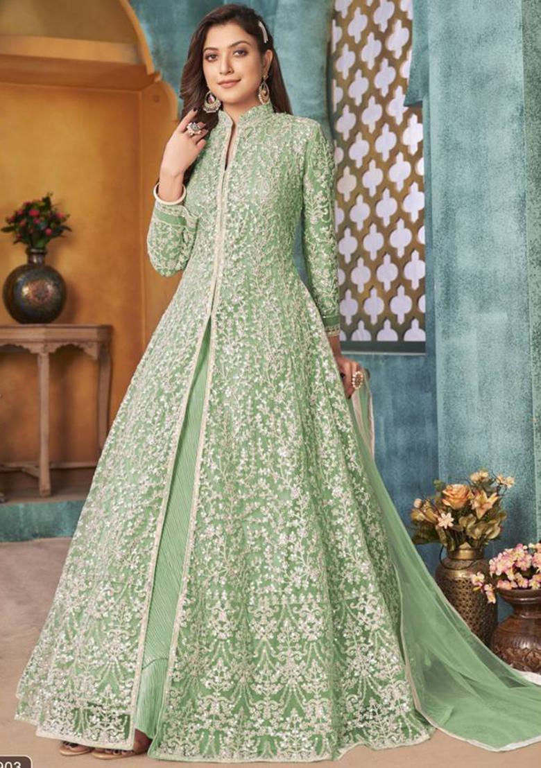sea green Embroidered Net Kurta Set - Indya