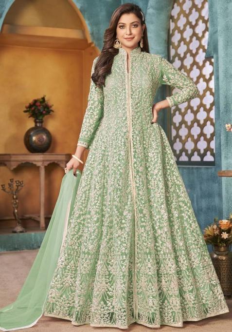 sea green Embroidered Net Kurta Set