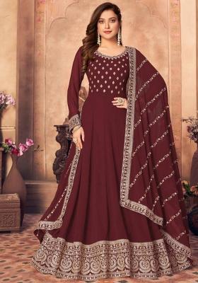 maroon Embroidered Georgette Kurta Set