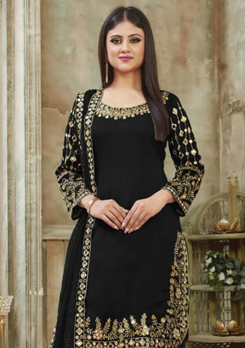 black Embroidered Silk Kurta Set - Indya