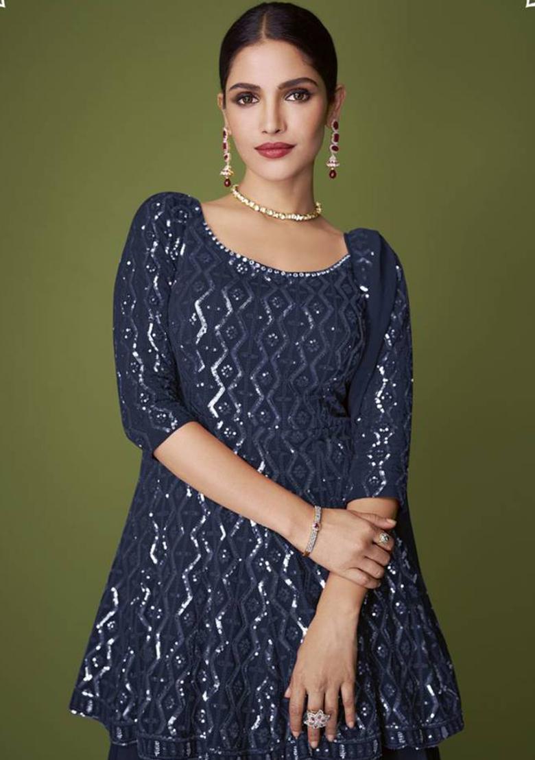 Navy Blue Embroidered Georgette Kurta Set - Indya
