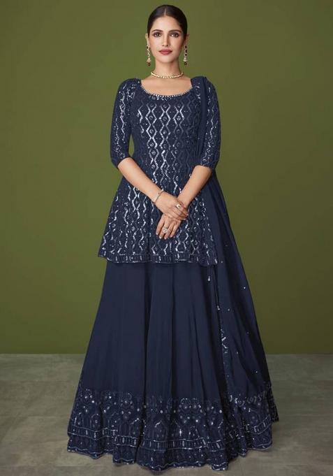 Navy Blue Embroidered Georgette Kurta Set