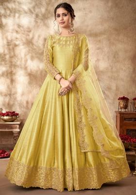 yellow Embroidered Silk Kurta Set