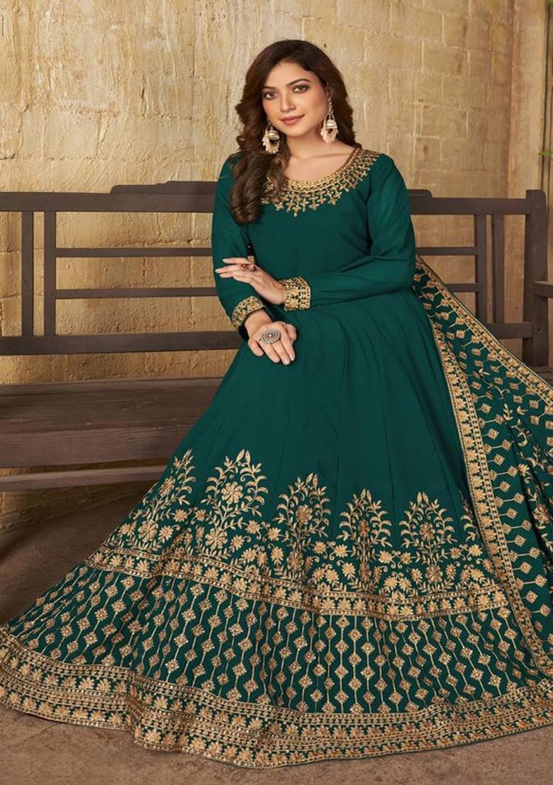 green Embroidered Georgette Kurta Set - Indya