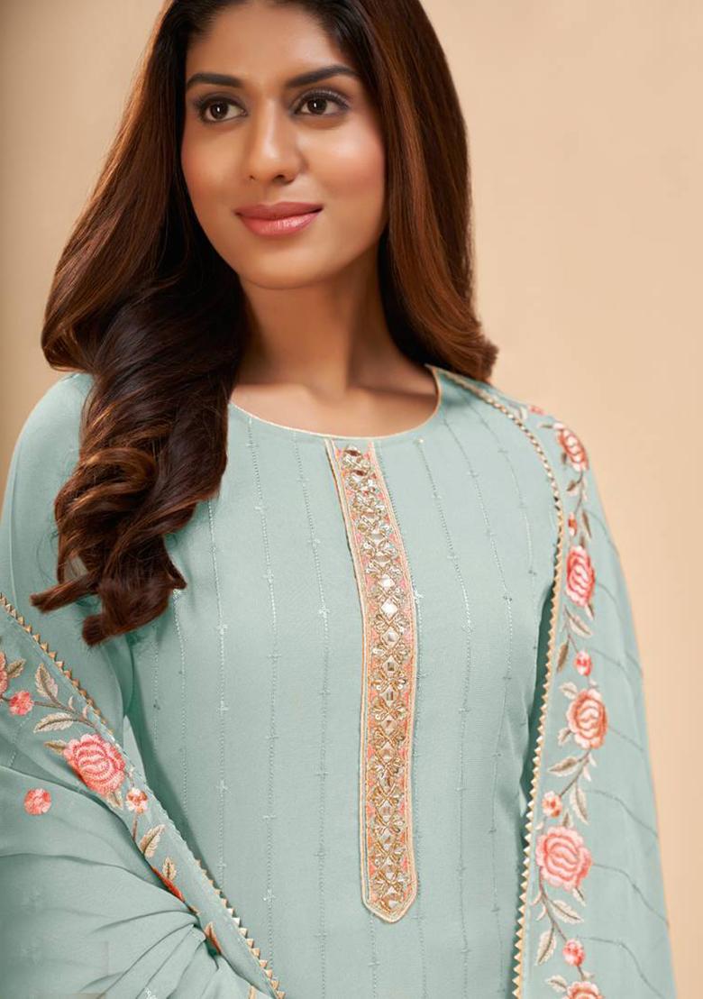 Sky Blue Embroidered Georgette Kurta Set - Indya
