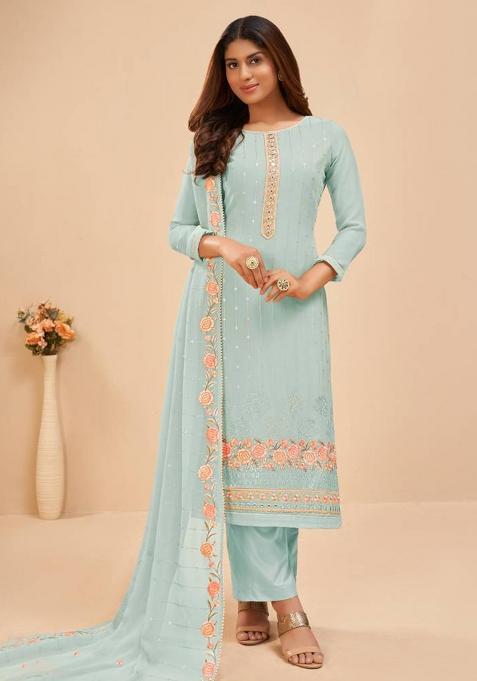 Sky Blue Embroidered Georgette Kurta Set