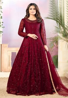 maroon Embroidered Net Kurta Set