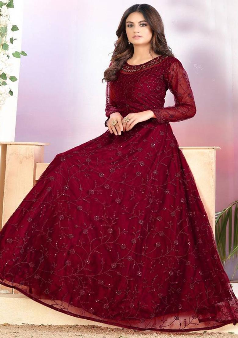 maroon Embroidered Net Kurta Set - Indya