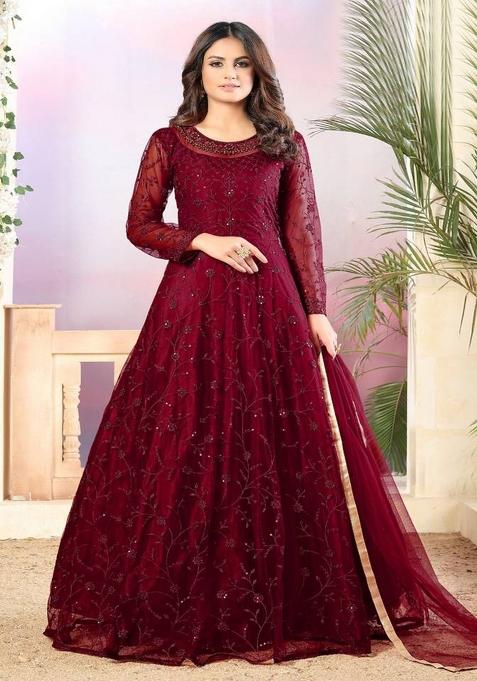 maroon Embroidered Net Kurta Set