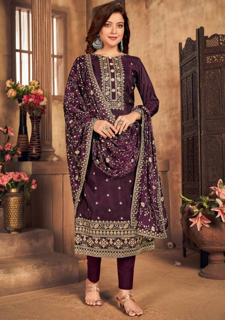 purple Embroidered Viscose Kurta Set - Indya