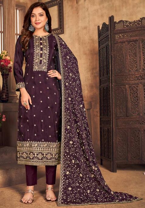 purple Embroidered Viscose Kurta Set